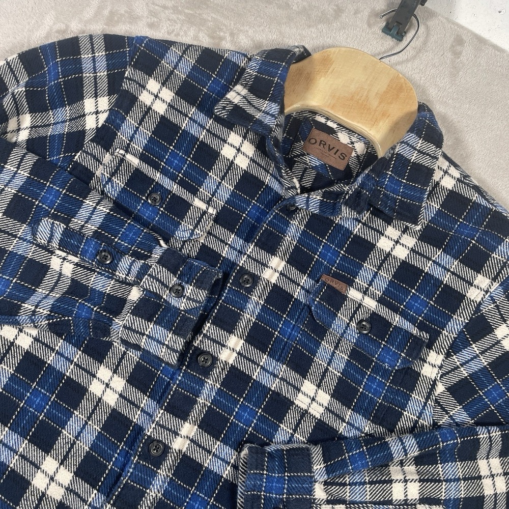 Orvis Big Bear Heavyweight Flannel Shirt Mens Large‎ Blue Plaid Pockets Utility